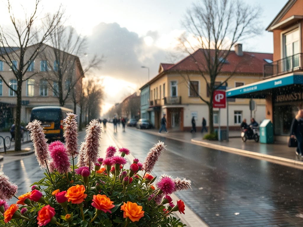 Цветы на переднем плане, улица с деревьями и домами, дождливый день, прохожие и машины.